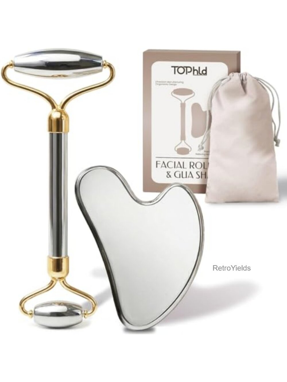 Stainless Steel Face Roller & Gua Sha Set, Facial Massager for Jawline